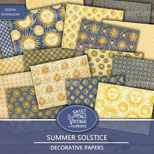 May include: A set of 12 digital papers featuring vintage sun and moon patterns in shades of gold, yellow, and blue. The papers are ideal for scrapbooking, card making, and other craft projects. The text "Summer Solstice Decorative Papers" is displayed at the bottom of the image.