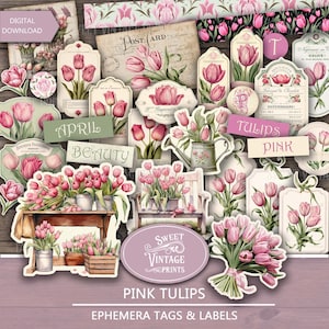 Tulipani Junk Journal Ephemera / Tulipani rosa Tag ed etichette stampabili / Fiori vintage digitali / Tulipani scarica PDF / sweetvintageprints tlp
