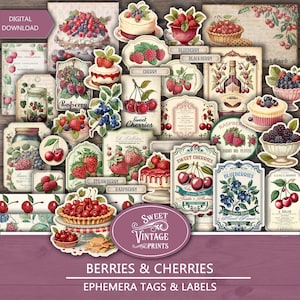 Cherry Junk Journal Ephemera | Etiquettes imprimables pour petits fruits | Cerise vintage téléchargement numérique PDF | sweetvintageprints | bch