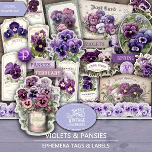 Violets Junk Journal Ephemera, Etichette e cartellini stampabili con viole del pensiero, Fiori primaverili vintage download digitale PDF vpa