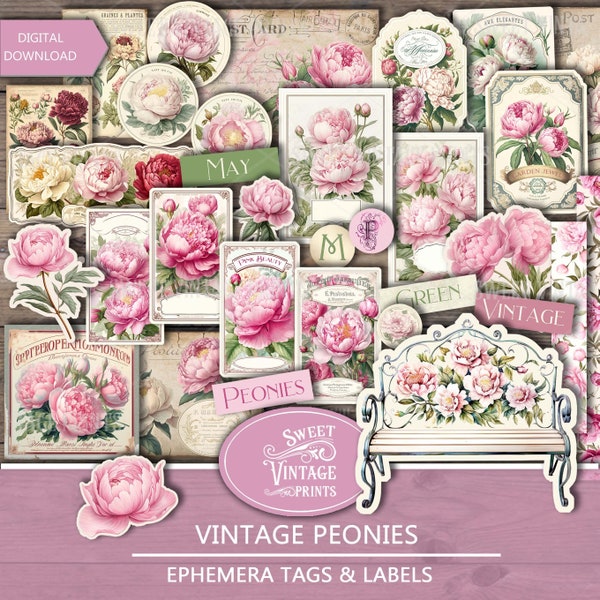 Peonies Junk Journal Ephemera | Pink Peony Printable Tags & Labels | Vintage Flowers digital | Peonies download PDF | sweetvintageprints pns