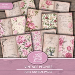 Vintage Peonies Ledgers Junk Journal Pages, Junk Journal Vintage Ledger Pages, Peonies Junk Journal Pages, Printable peonies, Peonies pdf