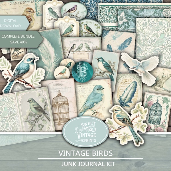 Junk Journal Kit Vintage Birds, Digital Download Bird Junk Journal, Birds Printables, Sweetvintageprints vbd