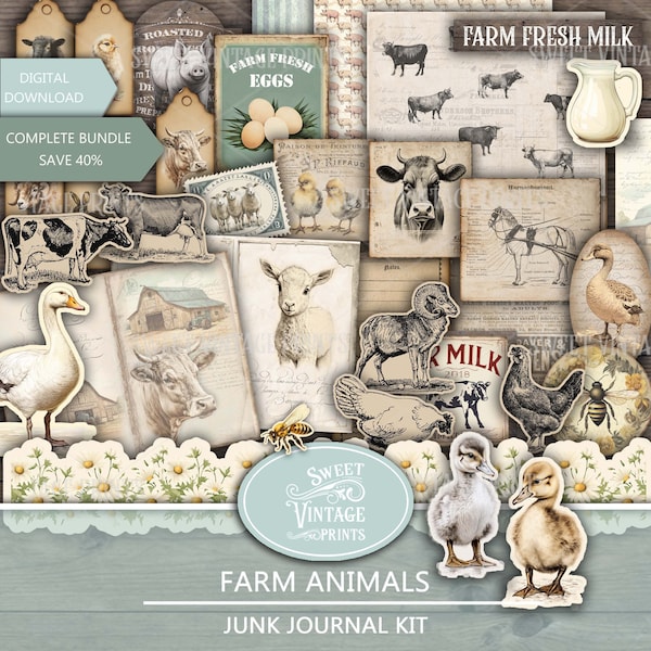 Junk Journal Kit Farm Animals, Farm Digital Download Animals Junk Journal, Cow Printables, Sweetvintageprints fma