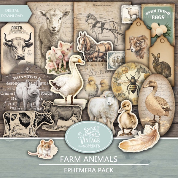 Farm Animals Junk Journal Ephemera, Cow Junk Journal Kit, Sheep Farm Journal Ephemera, Farm Animals Printable, SweetVintagePrints fma