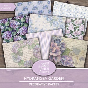 May include: A set of 8 digital papers featuring hydrangeas in shades of blue and purple. The papers have a vintage aesthetic with floral patterns, stripes, and handwritten text.