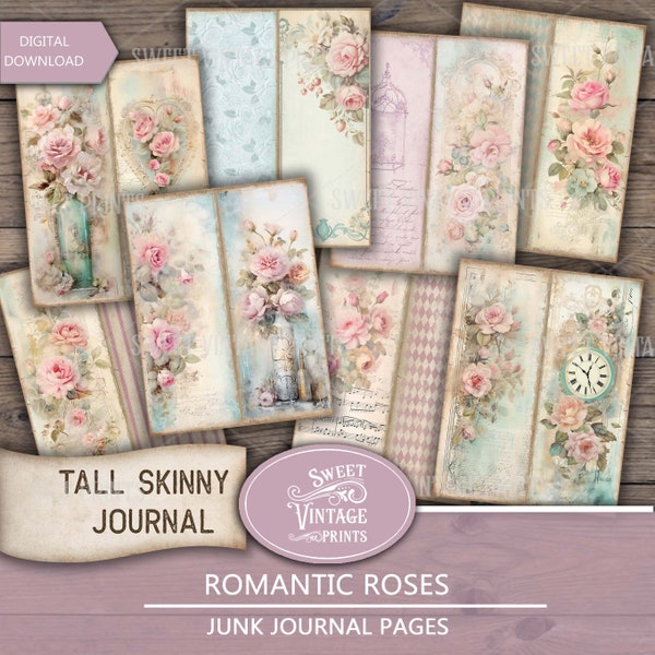 Shabby Rose Tall Junk Journal, Pages Skinny Junk Journal, vintage Roses Slim Journal Imprimable, Sweetvintageprints