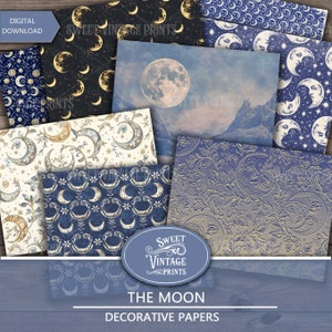 May include: A set of digital papers featuring moon and star patterns in shades of blue and gold. The papers are ideal for scrapbooking, card making, and other craft projects.