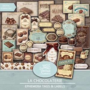 Efemere chocoladejunkdagboek | Afdrukbare chocoladelabels en -labels | Digitale download-pdf vintage snoep | sweetvintageprints chl