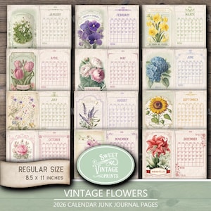 K&ouml;nnte beinhalten: Vintage Kalenderseiten f&uuml;r 2026 mit floralen Illustrationen. Jeder Monat zeigt eine andere Blume, darunter Narzissen, Tulpen und Rosen. Die Seiten messen 21,6 x 27,9 cm.