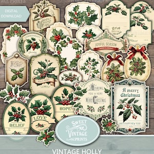 Effimeri diari natalizi, etichette vintage di agrifoglio stampabili, etichette regalo di Natale in formato PDF scaricabili, creazioni digitali di carta natalizia