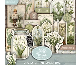Winter Spring Junk Journal Ephemera, Snowdrops Tags & Labels Printable, Snowdrops digital downloadable PDF