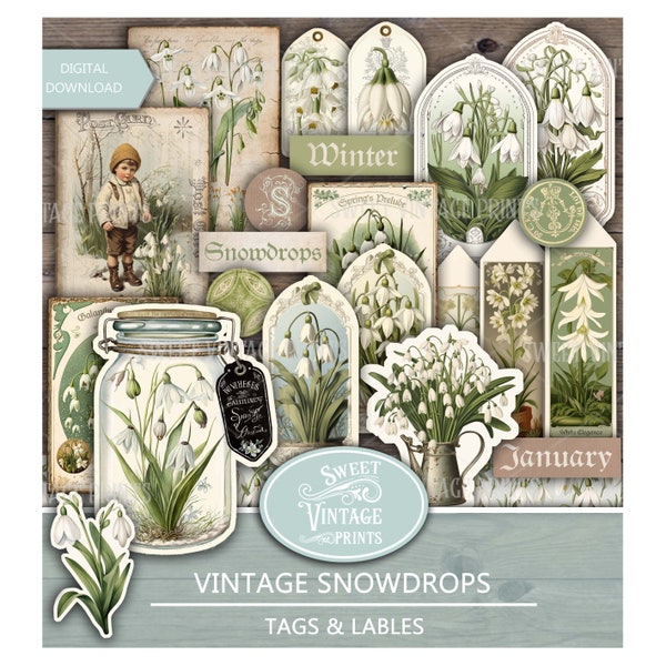 Winter Spring Junk Journal Ephemera, Snowdrops Tags & Labels Printable, Snowdrops digital downloadable PDF, Sweetvintageprints, sdr