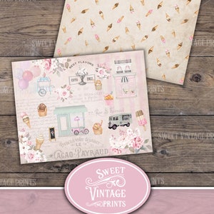 May include: A digital paper pack with a pink and white color scheme featuring an ice cream shop with the text "Best Flavors" and "Cacao-Payraud". The paper pack includes a pattern of ice cream cones and a vintage-style illustration of an ice cream shop.