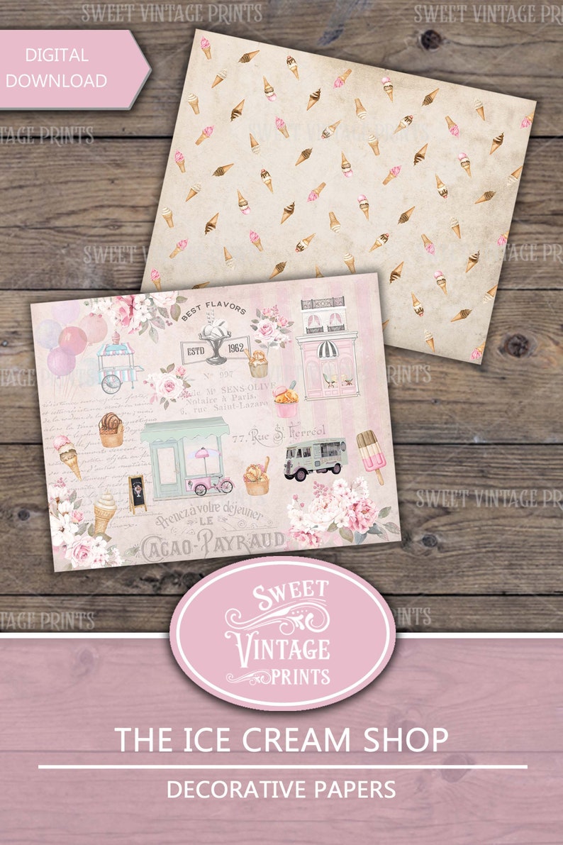 May include: A digital paper pack with a pink and white color scheme featuring an ice cream shop with the text "Best Flavors" and "Cacao-Payraud". The paper pack includes a pattern of ice cream cones and a vintage-style illustration of an ice cream shop.