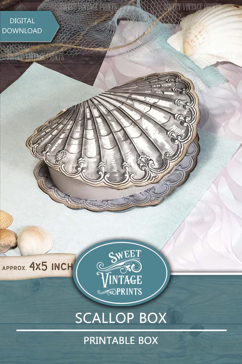 May include: A printable scallop box template, measuring approximately 4x5 inches. The box is designed to look like a seashell, with a silver-colored top and a white base. The text "Sweet Vintage Prints" and "Scallop Box" is printed on the image.