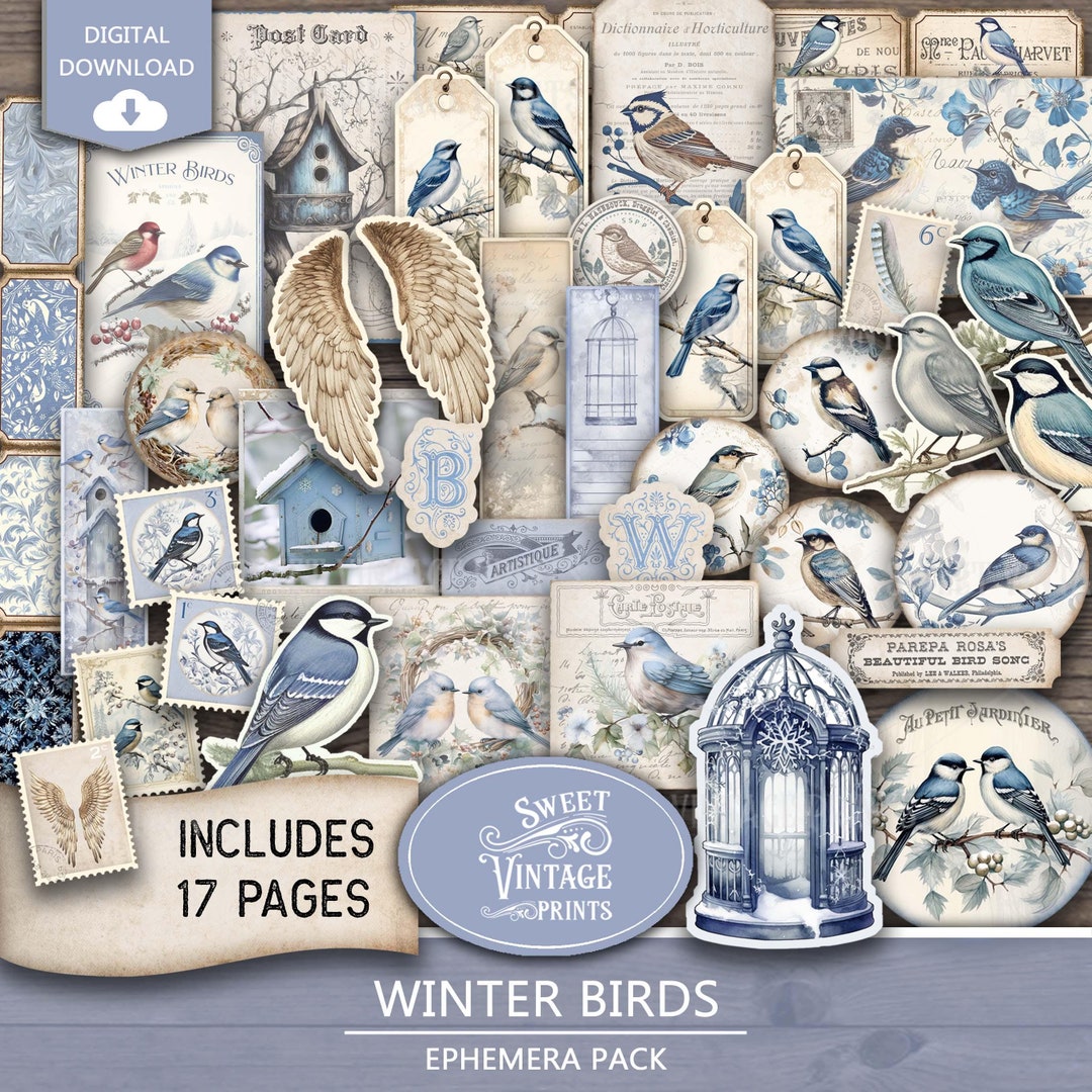 Winter Birds Junk Journal Ephemera | Winter Blue Printable Tags Labels ...