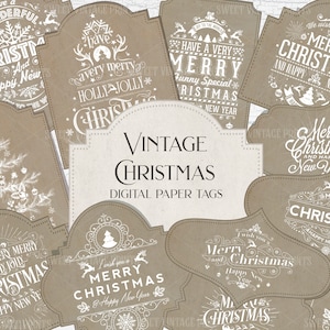 Vintage Kerstmis, Tags, Kerstlabels, Tag flip, Junk Journal, Ephemera, digitaal, instant download, Kraftpapier, Kerstmis, Papieren, Afdrukbaar