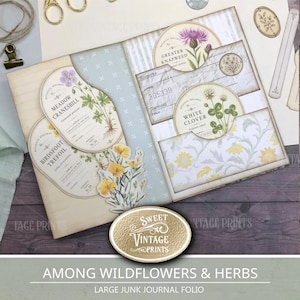 May include: A junk journal folio featuring botanical illustrations of Meadow Cranesbill, Birdsfoot Trefoil, Greater Knapweed, and White Clover. The paper includes vintage-style labels, floral patterns, and a gold oval logo reading Sweet Vintage Prints.