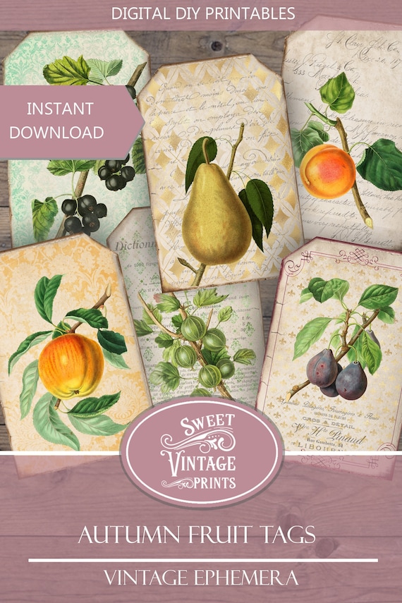 Autumn Fruit Tags, Vintage Fruit Tags, Autumn Journal, Fruit Labels, fall junk journal, autumn ephemera, digital journal, printable download