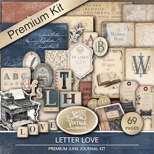 Może przedstawiać: Cyfrowy zestaw do junk journala zatytułowany Letter Love Premium Junk Journal Kit zawierający 69 stron efemeryd w stylu vintage, w tym litery alfabetu, ilustracje maszyn do pisania, ekslibrisy, wzory kwiatowe i tekst pisany na postarzanym papierze.