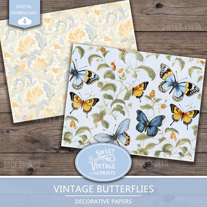 May include: Two digital paper designs featuring vintage butterflies. One design has a light blue background with green leaves and yellow flowers. The other design has a light yellow background with a blue and yellow floral pattern. Both designs feature colorful butterflies.