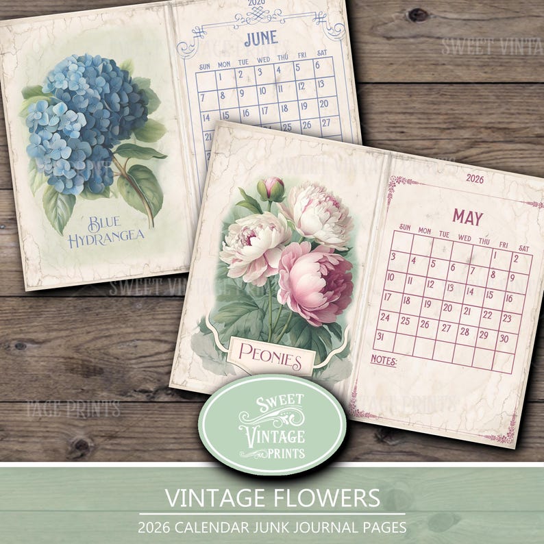 K&ouml;nnte beinhalten: Vintage Junk Journal Seiten mit Blumenillustrationen und Kalenderlayouts f&uuml;r 2026. Die Seiten zeigen eine blaue Hortensie und rosa Pfingstrosen, mit den Kalendermonaten Mai und Juni. Der Text enth&auml;lt "Sweet Vintage Prints" und "Vintage Flowers".