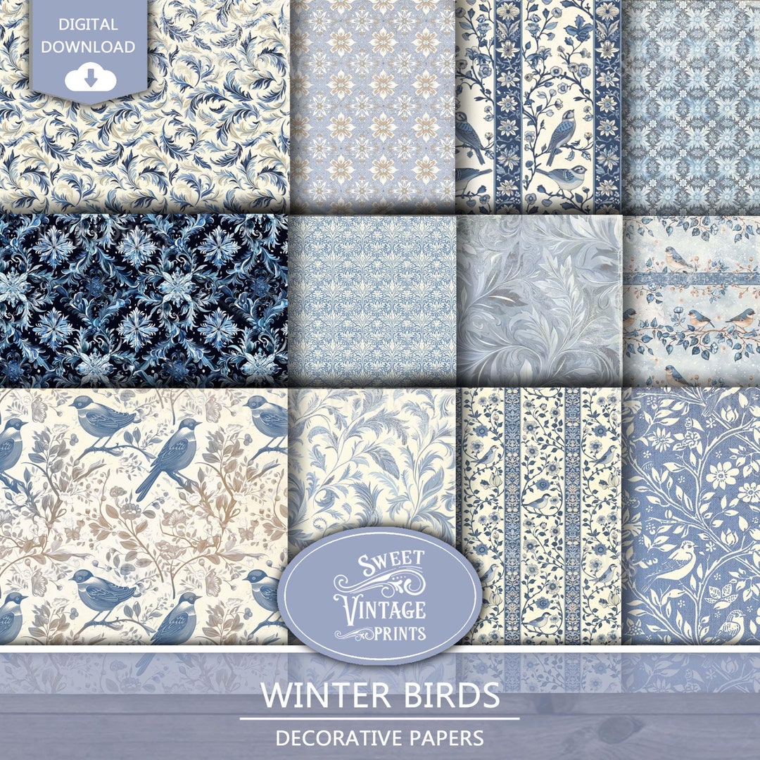 Birds Junk Journal Papers | Winter Digital Paper Pack | Blue Printables ...