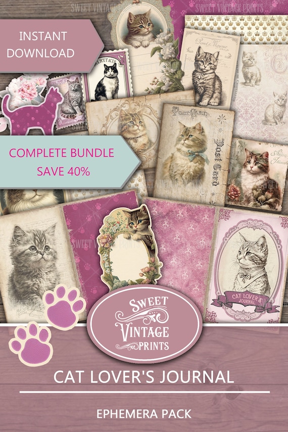 Cat Lover's Junk Journal Kit, Cat Junk Journal BUNDLE, Cat Ephemera, Cat Junk Journal Ephemera, Cat digital paper, Cat printable journal kit