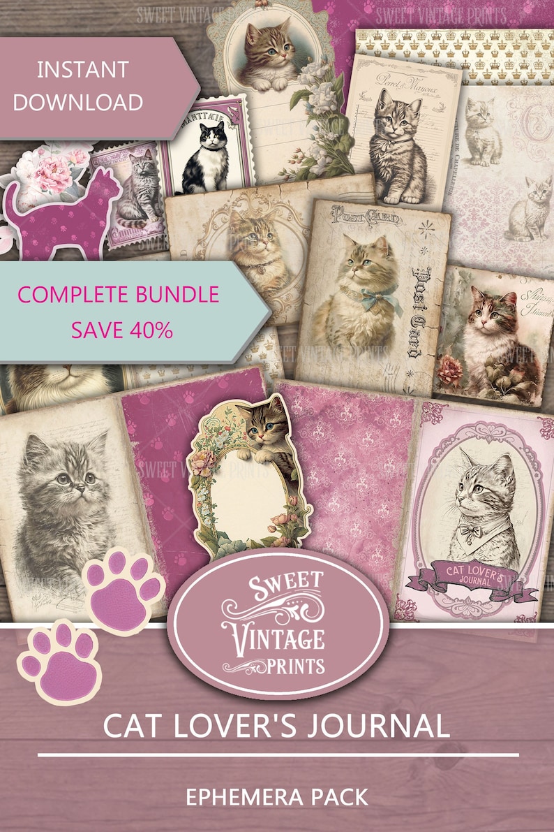 May include: A collection of vintage-style ephemera featuring cat illustrations. The design includes postcards, journal pages, and decorative elements in shades of pink, cream, and brown. Text includes "Instant Download", "Complete Bundle", and "Cat Lover's Journal".