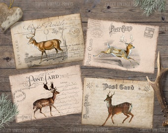 cerf vintage, renne, carte postale de Noël vintage, Journal indésirable de Noël, éphémères de Noël, cartes de cerf, numérique, téléchargement, imprimable,