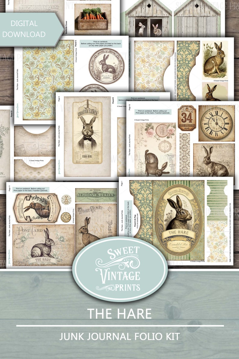 Junk Journal Folio Kit Hare Vintage Easter Printable Folder Rabbits Ephemera Digital Download Sweetvintageprints hre zdjęcie 9