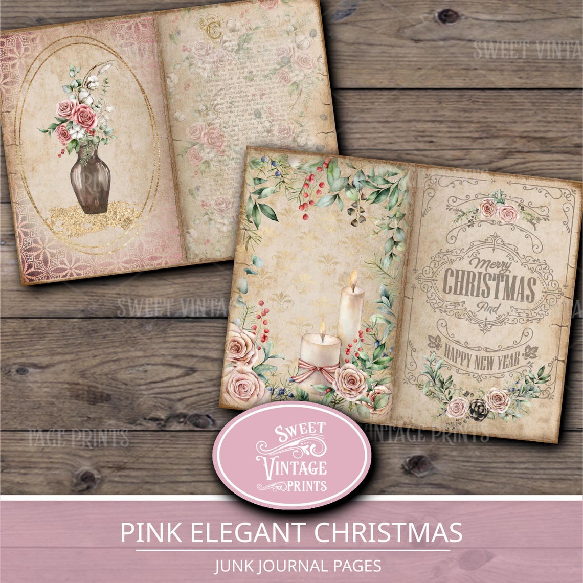 Elegant Pink Christmas Junk Journal Pages Download | Printable Holiday ...