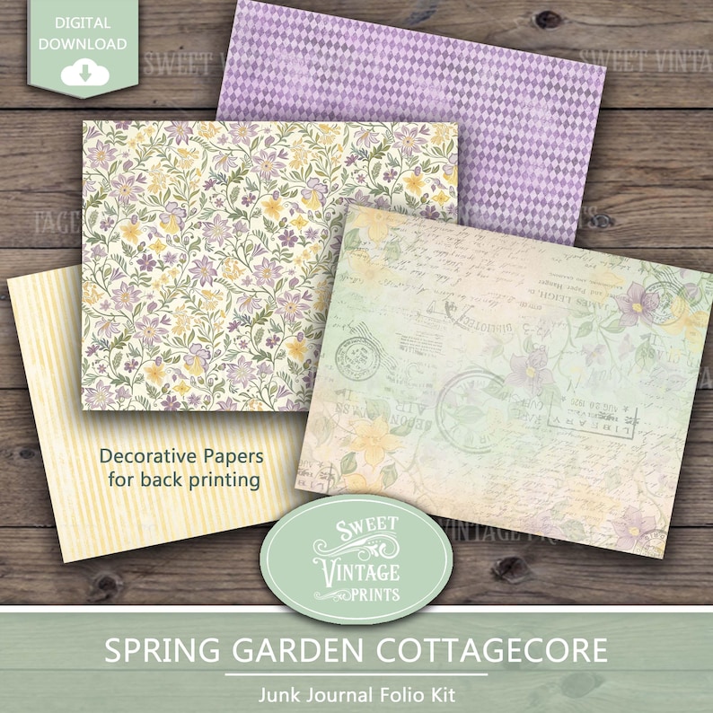 Op de afbeelding: Een verzameling decoratieve papieren met bloemen- en patroonontwerpen in lavendel-, gele en groene tinten, met een vintage esthetiek. De tekst op de afbeelding luidt "Spring Garden Cottagecore" en "Junk Journal Folio Kit."