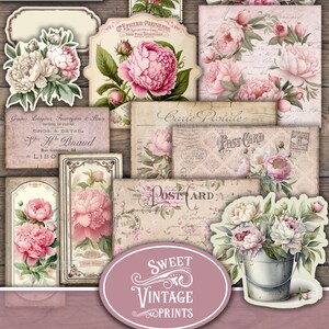 Op de afbeelding: Een digitale collage-sheet met vintage illustraties van roze pioenen, met tekst die "Direct Downloaden", "Sweet Vintage Prints", "Vintage Peonies Folio" en "Junk Journal Folio" luidt.