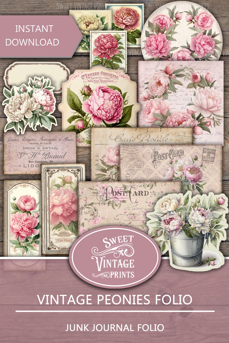 Op de afbeelding: Een digitale collage-sheet met vintage illustraties van roze pioenen, met tekst die "Direct Downloaden", "Sweet Vintage Prints", "Vintage Peonies Folio" en "Junk Journal Folio" luidt.