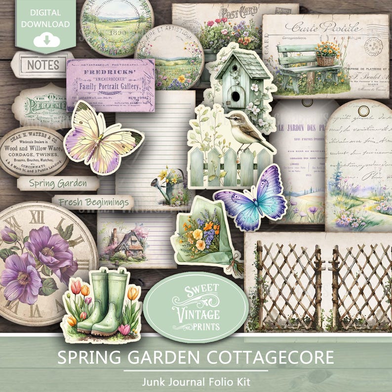 Op de afbeelding: Een verzameling ephemera in vintage-stijl met een lentetuin-thema. Bevat bloemenillustraties, vlinders, ansichtkaarten, een vogelhuisje en de tekst "Spring Garden Cottagecore". De digitale download bevat verschillende elementen voor knutselen en journalen.