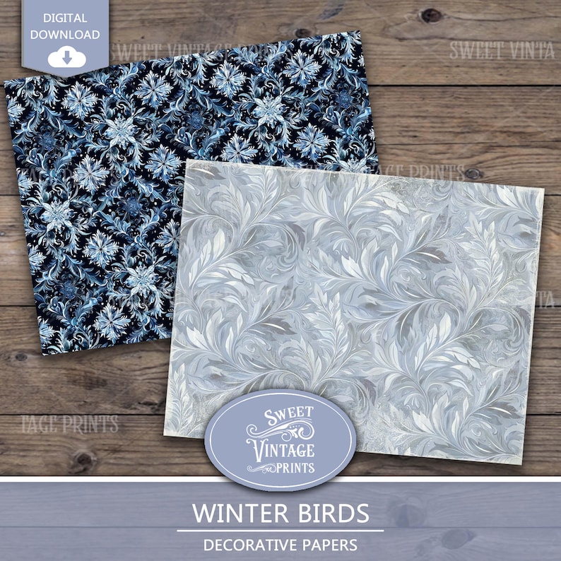 Birds Junk Journal Papers | Winter Digital Paper Pack | Blue Printables ...