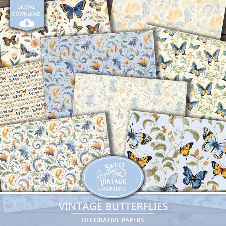 May include: A set of 8 digital papers featuring vintage style butterflies and floral patterns in shades of blue, yellow, and green. The papers are perfect for scrapbooking, card making, and other craft projects.