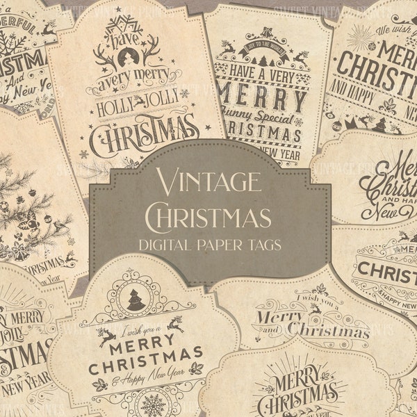 Vintage Christmas, Tags, Christmas Labels, Tag flip, Junk Journal, Ephemera, digital, instant download, Shabby Xmas, Papers, Printable