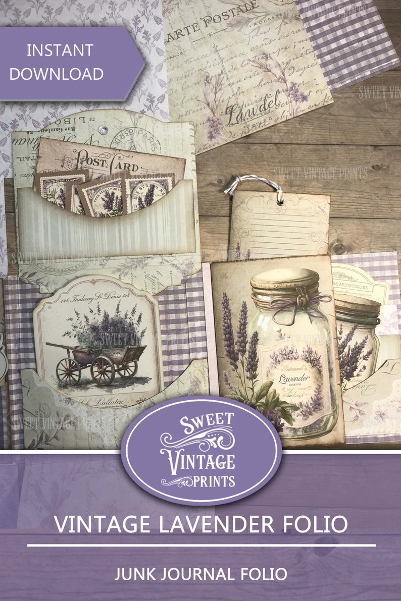 May include: A vintage lavender folio junk journal kit with a purple and white checkered pattern, a postcard, a lavender jar, and a wheelbarrow with lavender flowers. The kit includes the text "Vintage Lavender Folio" and "Junk Journal Folio".