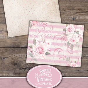 May include: Two digital paper designs featuring a pink and white striped background with a floral pattern and the text "Paris" in a pink script font. The second design is a pink and white polka dot pattern. The text "Sweet Vintage Prints" and "The Ice Cream Shop Decorative Papers" is also included.