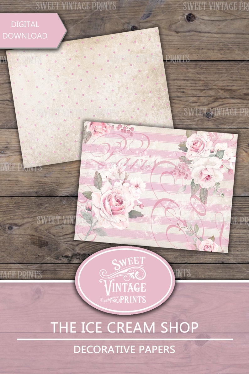 May include: Two digital paper designs featuring a pink and white striped background with a floral pattern and the text "Paris" in a pink script font. The second design is a pink and white polka dot pattern. The text "Sweet Vintage Prints" and "The Ice Cream Shop Decorative Papers" is also included.