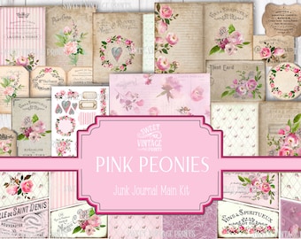 Junk Journal Kit, Pink Peonies, Peony, Sweet Vintage Prints, Ephemera, Mother's Day Gift, mothers day diy, digital download, printable