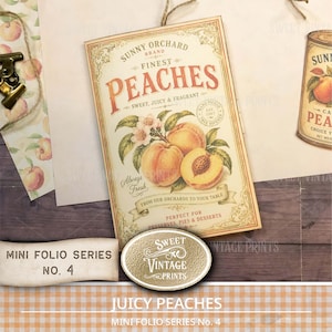 May include: A rectangular paper folio featuring a vintage-style label for Sunny Orchard Brand Finest Peaches. The design includes illustrations of whole and sliced peaches with green leaves, decorative gold borders, and text including "Sweet, Juicy & Fragrant" and "From Our Orchards To Your Table."
