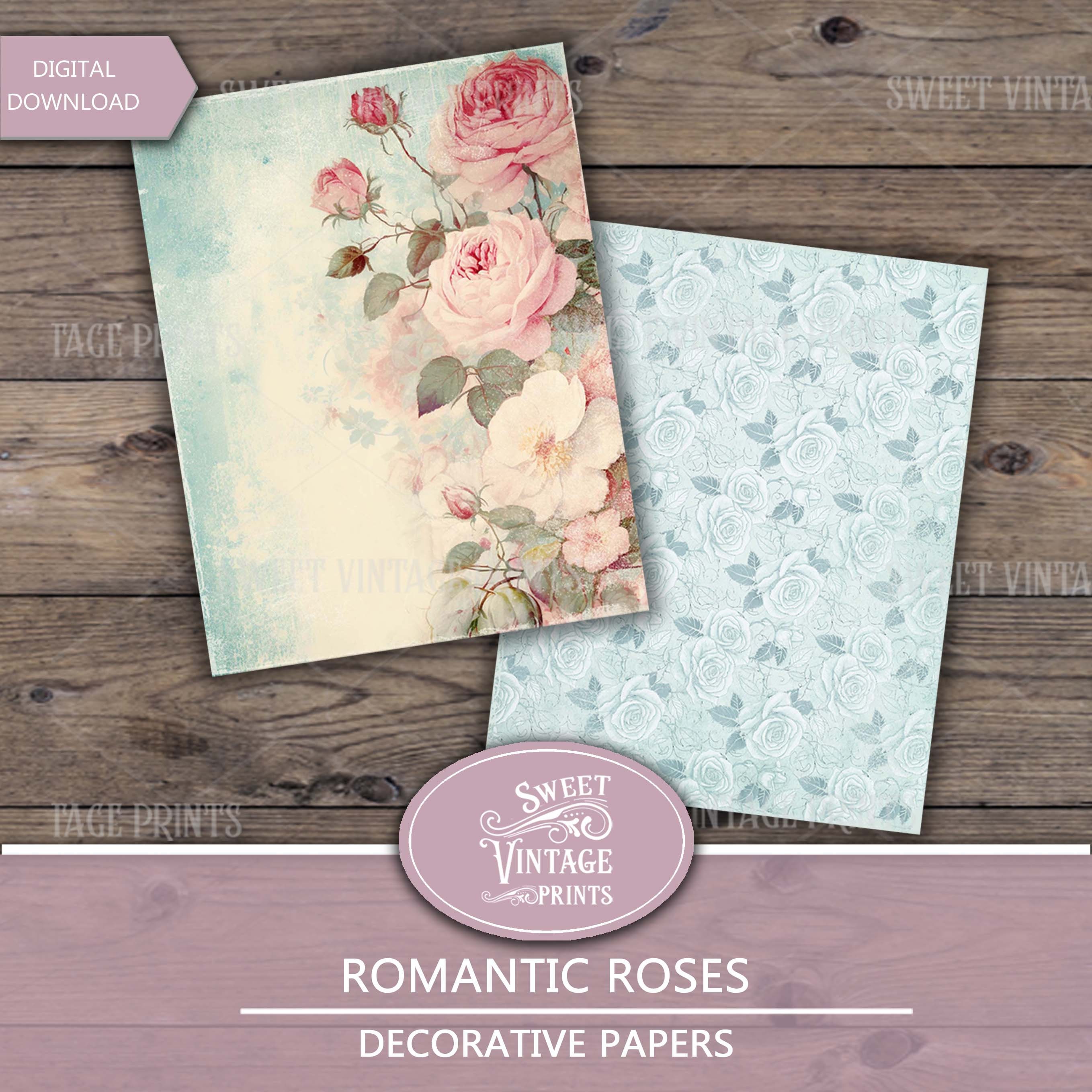 Shabby Rose Digital Paper Pack, Romantic Roses Printable Paper, Rose ...