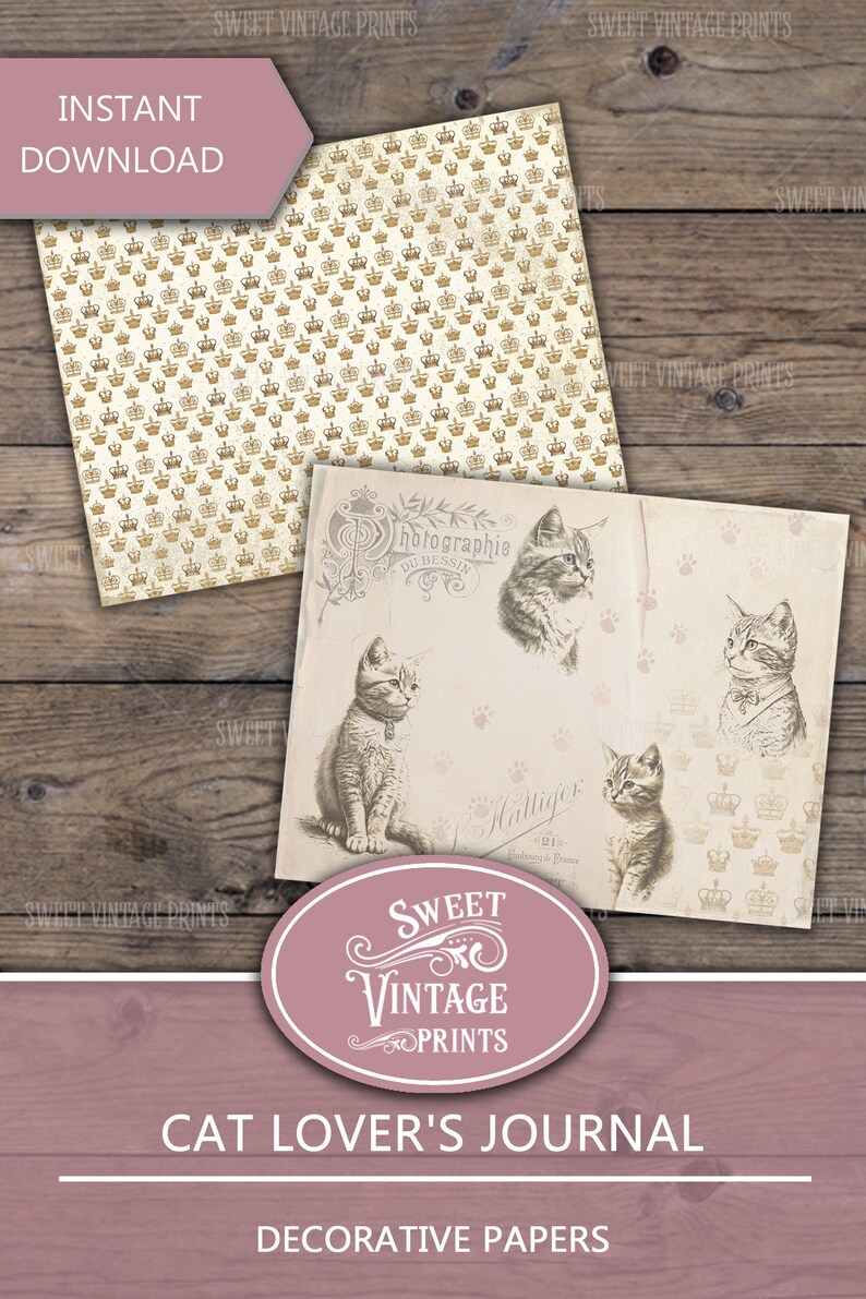 May include: Decorative papers with a vintage aesthetic. One sheet features a repeating crown pattern in gold on a cream background. The other sheet has cat illustrations and the text "CAT LOVER'S JOURNAL" and "DECORATIVE PAPERS".
