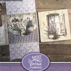 May include: A purple and white junk journal folio with a lavender theme. The cover features a vintage window with a pot of lavender plants. The title "Vintage Lavender Folio" is printed on the front.