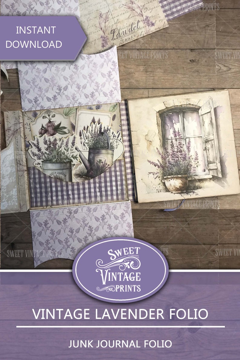 May include: A purple and white junk journal folio with a lavender theme. The cover features a vintage window with a pot of lavender plants. The title "Vintage Lavender Folio" is printed on the front.
