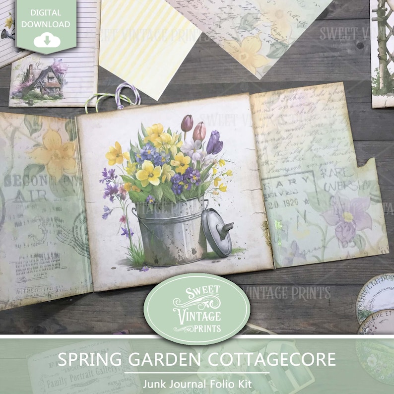 Op de afbeelding: Een digitale download junk journal folio kit met een lente tuin cottagecore thema. De centrale afbeelding toont een aquarel illustratie van een metalen emmer vol gele, paarse en witte bloemen. De kit bevat diverse vintage-stijl papieren en ephemera.